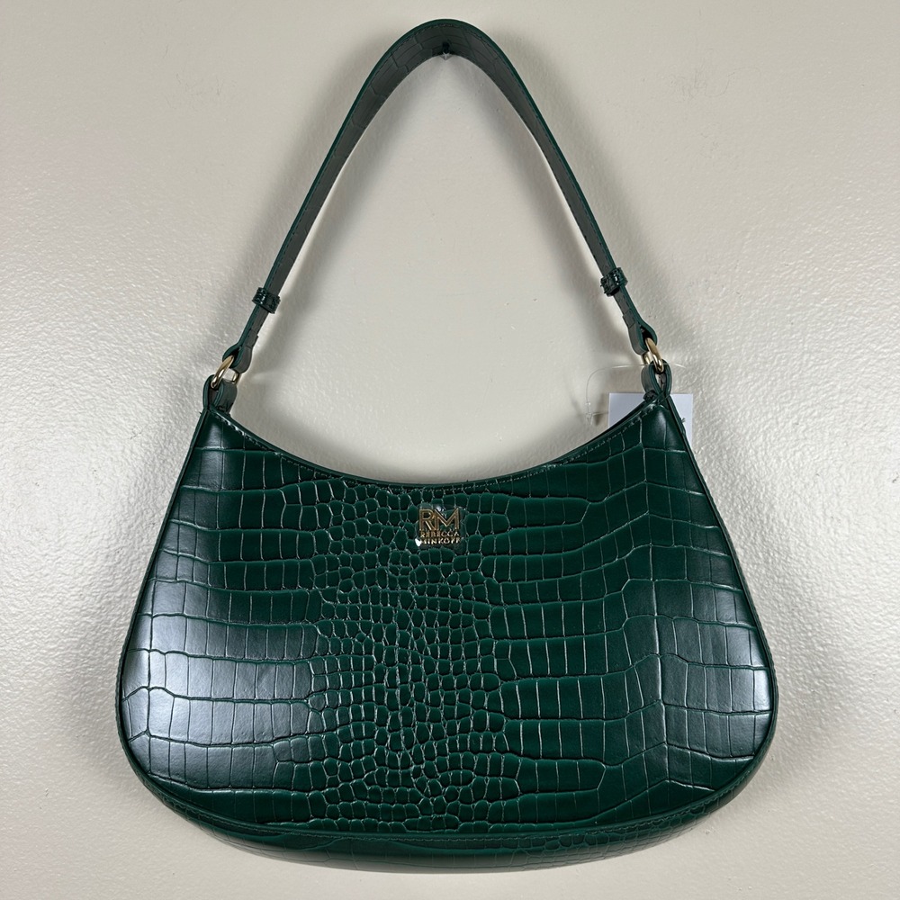 Rebecca Minkoff Womens Florence Shoulder Bag Pine Green Croc Embossed NEW